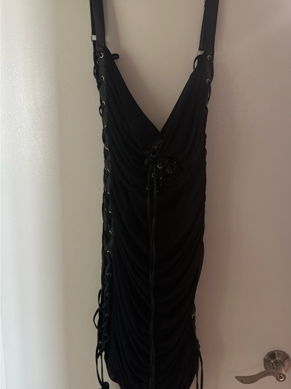 Black Lace-Up Ruched Sleeveless Dress XXL